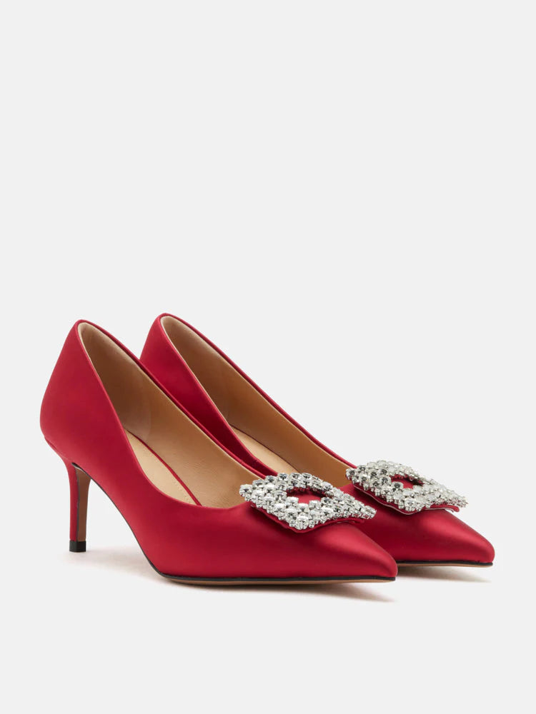 PAZZION, Cara Crystal Embellished Silk Heels, Red