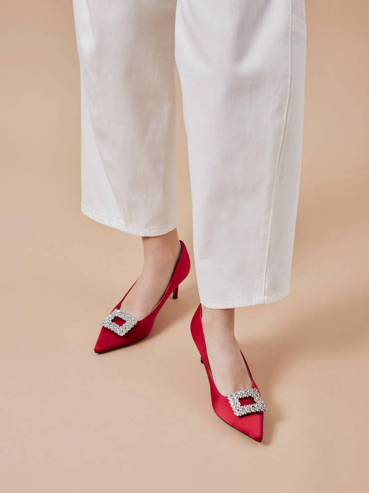 PAZZION, Cara Crystal Embellished Silk Heels, Red