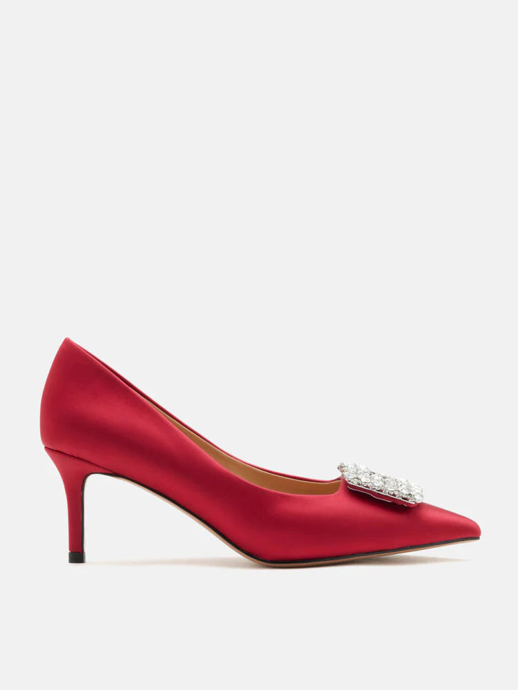 PAZZION, Cara Crystal Embellished Silk Heels, Red