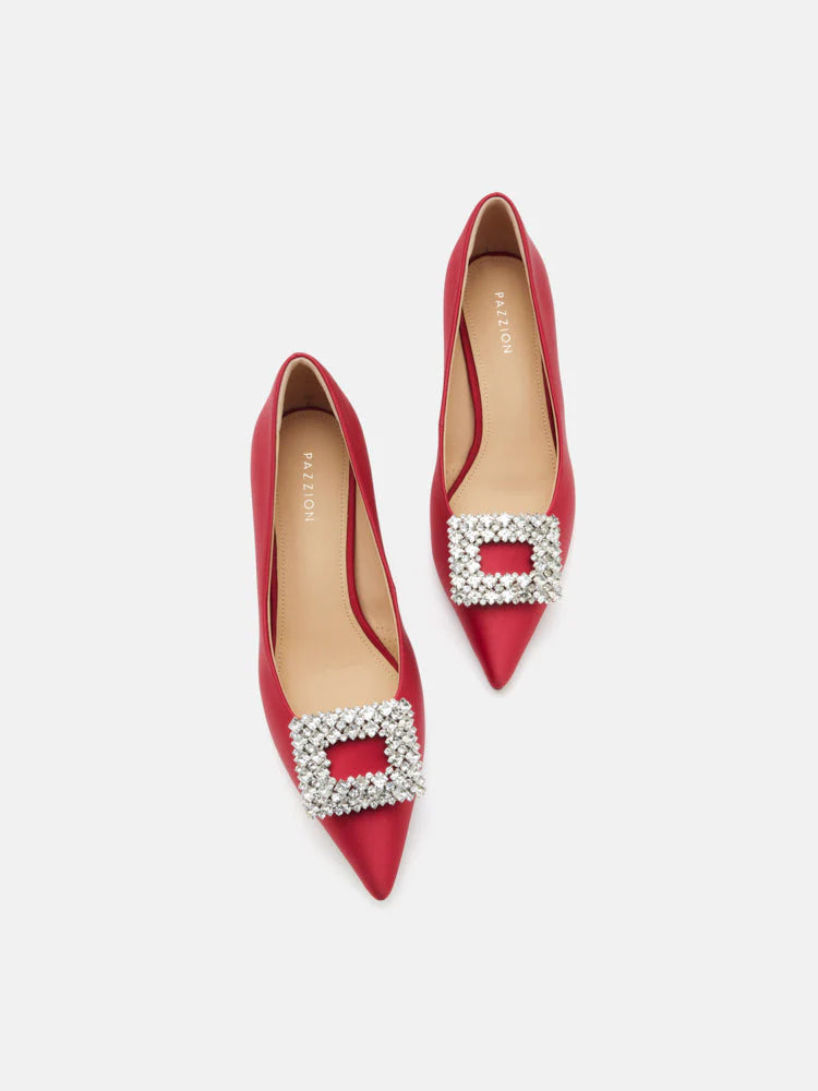 PAZZION, Cara Crystal Embellished Silk Heels, Red