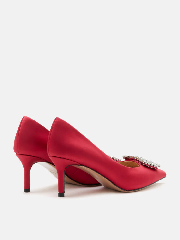 PAZZION, Cara Crystal Embellished Silk Heels, Red