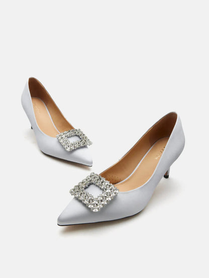 PAZZION, Cara Crystal Embellished Silk Heels, Silver