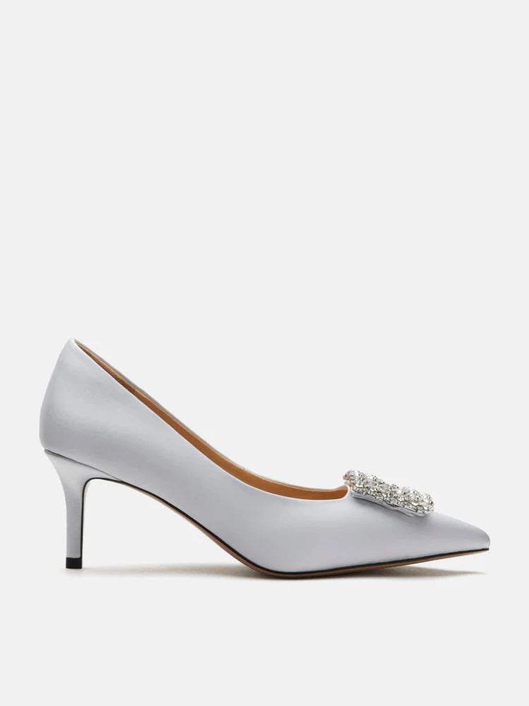 PAZZION, Cara Crystal Embellished Silk Heels, Silver