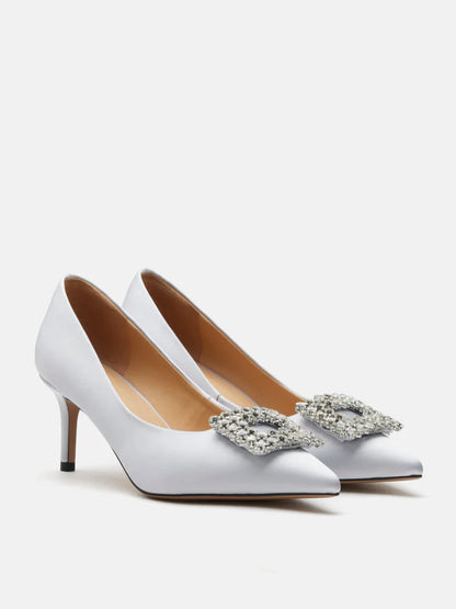 PAZZION, Cara Crystal Embellished Silk Heels, Silver