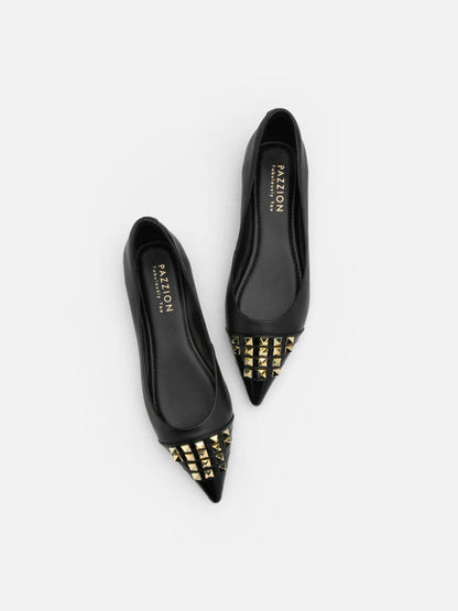 PAZZION, Catiana Studded Pointed Toe Flats, Black