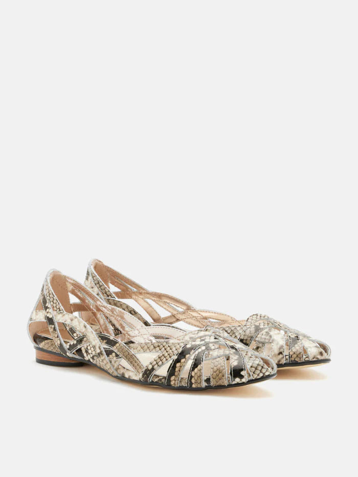 PAZZION, Celina Python-Print Embossed Leather Weaved Flats, Almond