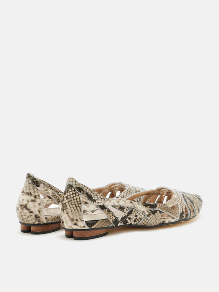 PAZZION, Celina Python-Print Embossed Leather Weaved Flats, Almond