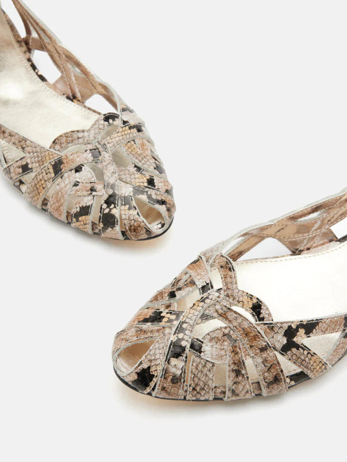 PAZZION, Celina Python-Print Embossed Leather Weaved Flats, Brown