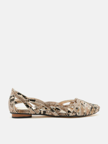 PAZZION, Celina Python-Print Embossed Leather Weaved Flats, Brown