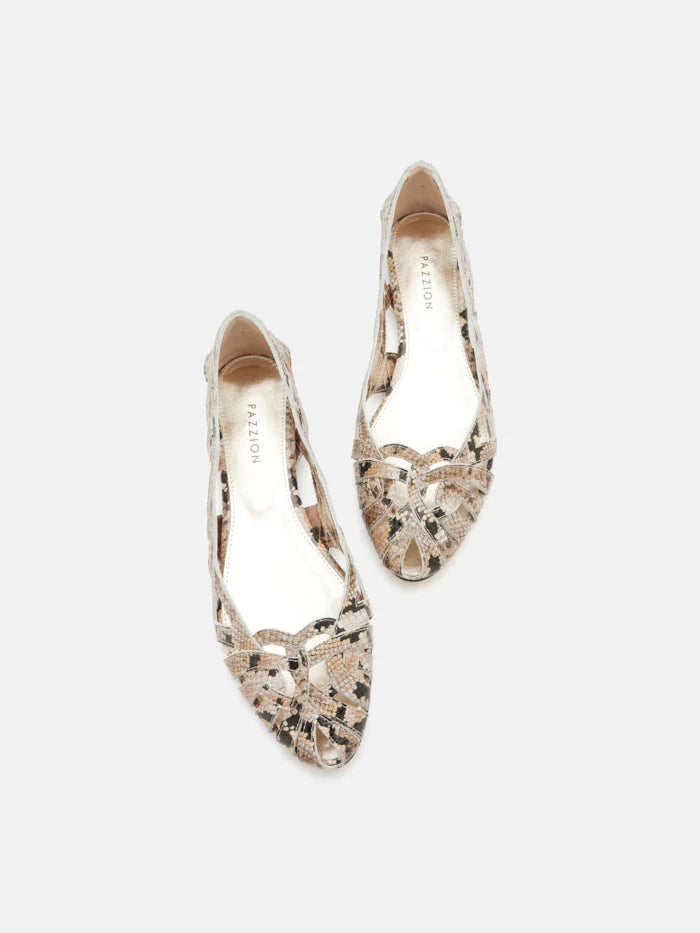 PAZZION, Celina Python-Print Embossed Leather Weaved Flats, Brown