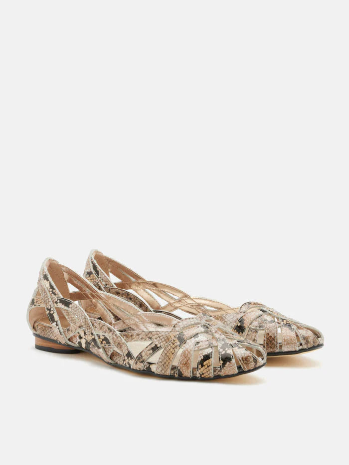 PAZZION, Celina Python-Print Embossed Leather Weaved Flats, Brown