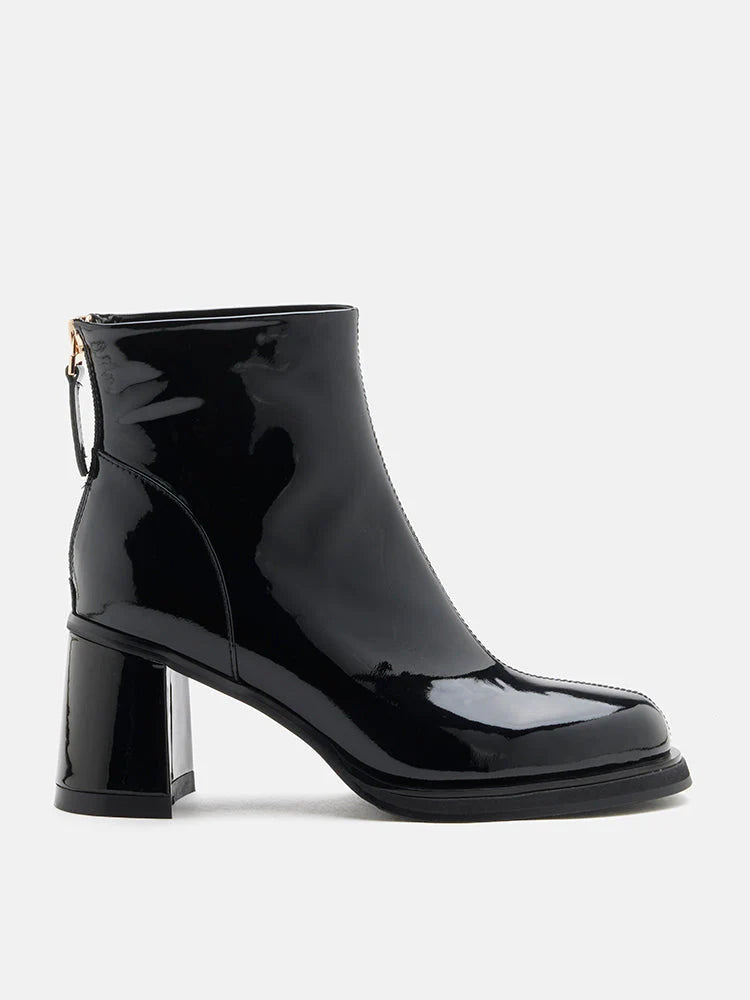 PAZZION, Chantel Patent Leather Back Zip Boots, Black