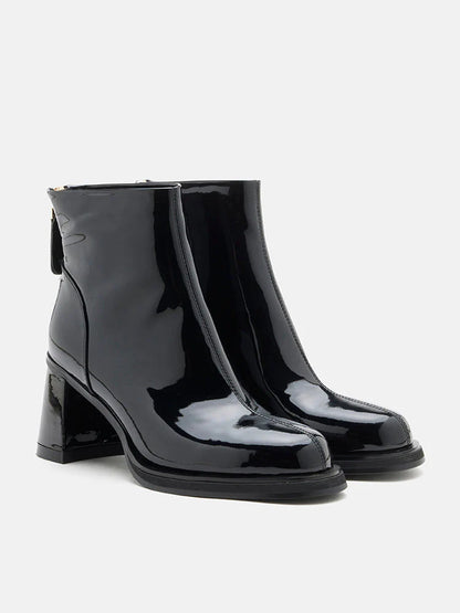 PAZZION, Chantel Patent Leather Back Zip Boots, Black