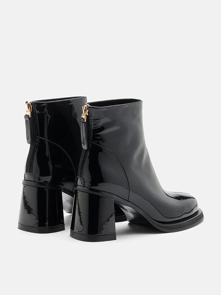 PAZZION, Chantel Patent Leather Back Zip Boots, Black