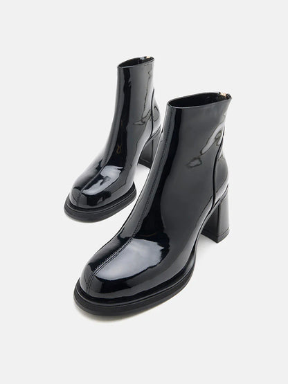 PAZZION, Chantel Patent Leather Back Zip Boots, Black