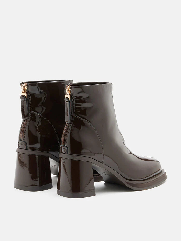 PAZZION, Chantel Patent Leather Back Zip Boots, Brown