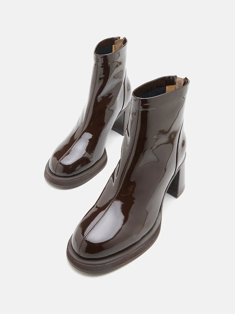 PAZZION, Chantel Patent Leather Back Zip Boots, Brown