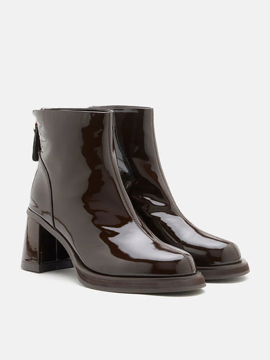 PAZZION, Chantel Patent Leather Back Zip Boots, Brown