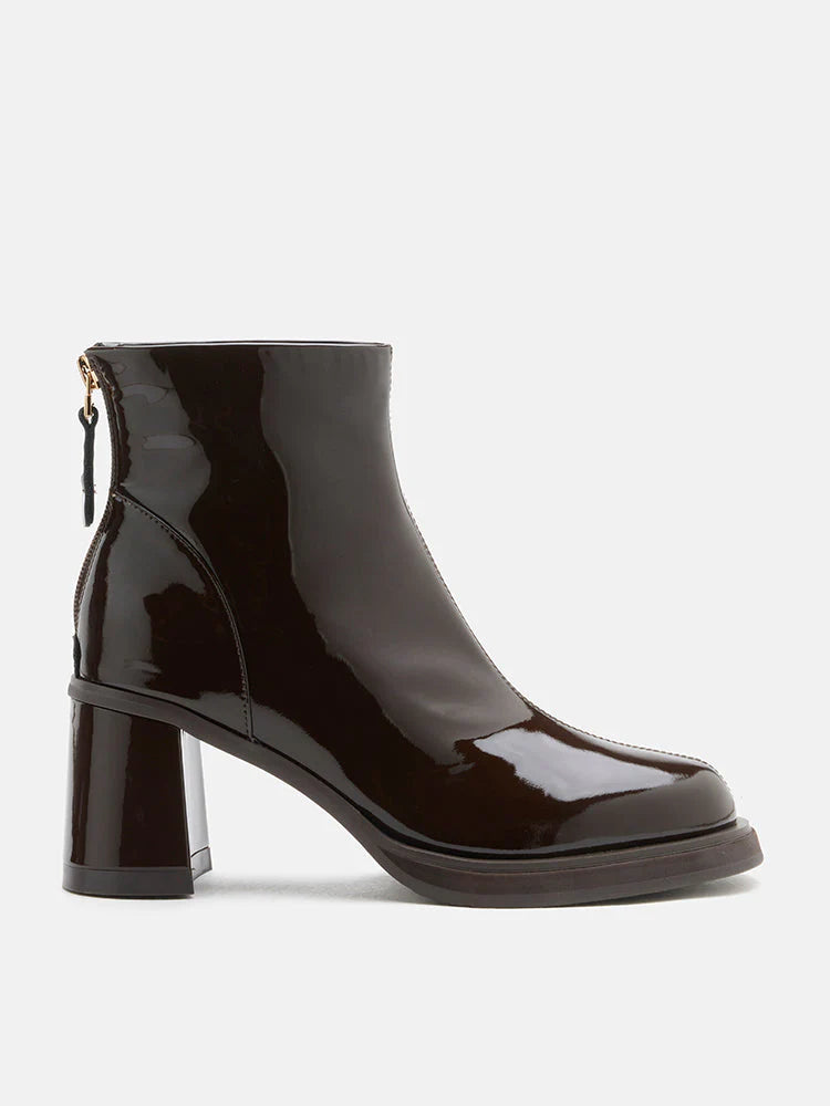 PAZZION, Chantel Patent Leather Back Zip Boots, Brown