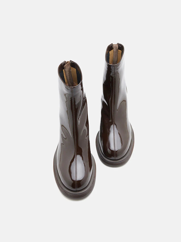 PAZZION, Chantel Patent Leather Back Zip Boots, Brown