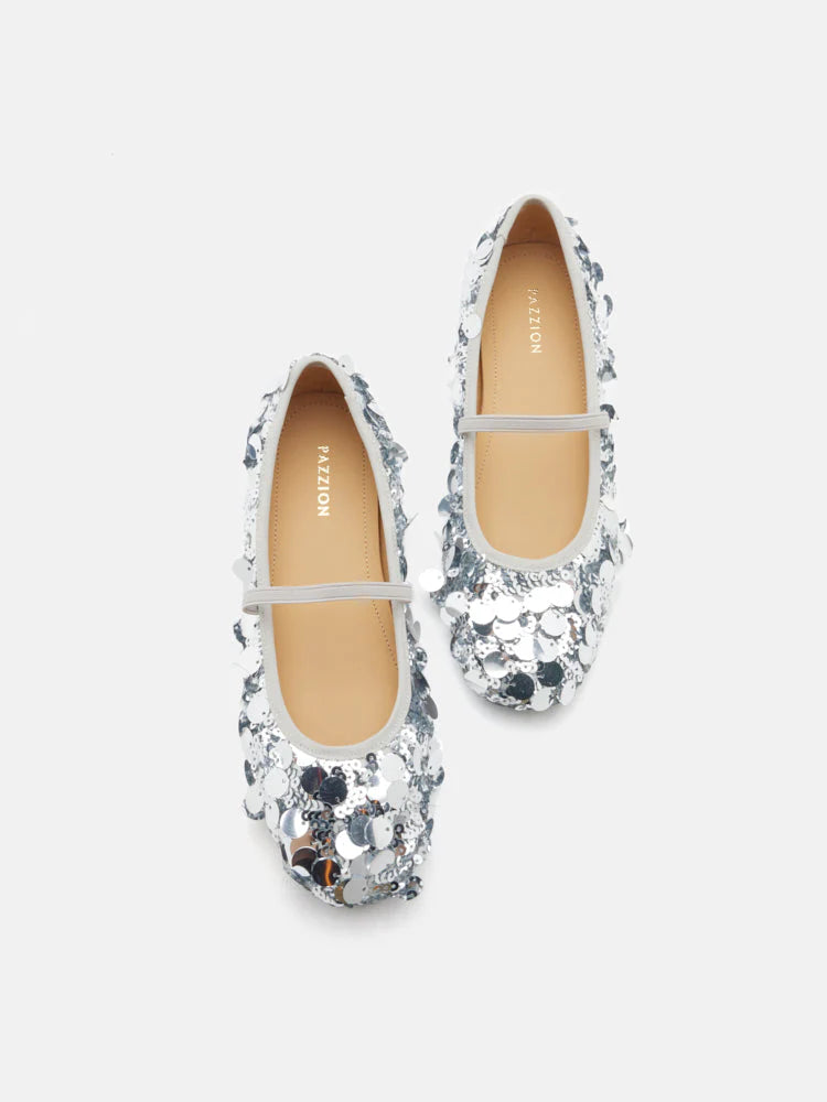 PAZZION, Christa Sequin Webbed Mary Janes, Silver