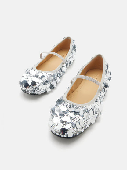 PAZZION, Christa Sequin Webbed Mary Janes, Silver