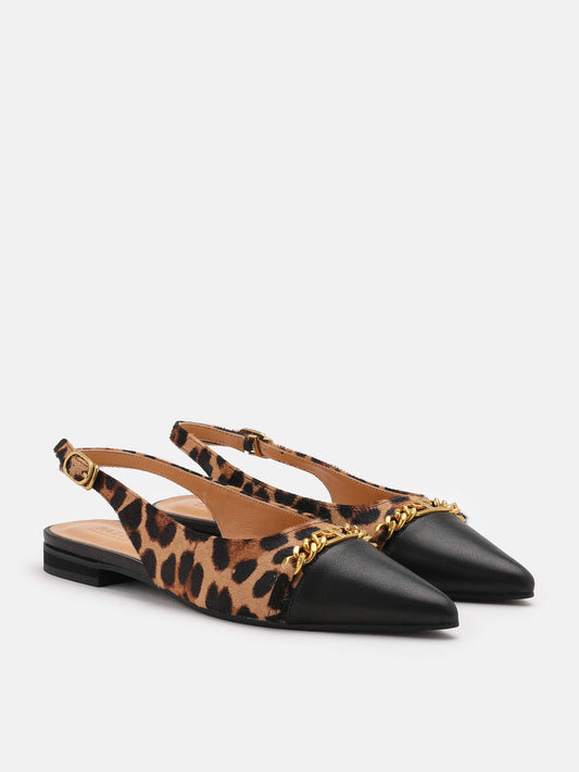 PAZZION, Cleo Leopard Fur Pointed Sling Back Flats, Almond