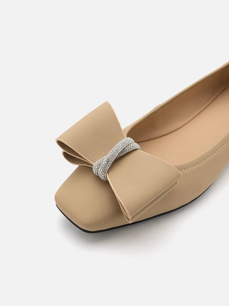 PAZZION, Cora Bow Square-Toe Covered Flats, Almond