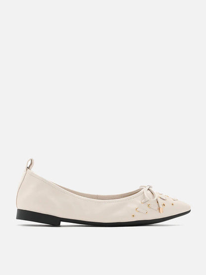 PAZZION, Cora Eyelet Decor Foldable Point-Toe Bow Flats, Beige