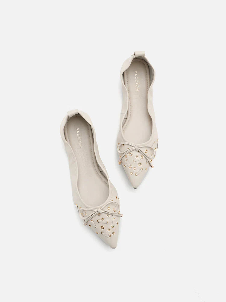 PAZZION, Cora Eyelet Decor Foldable Point-Toe Bow Flats, Beige