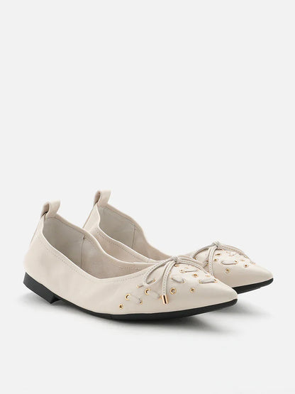 PAZZION, Cora Eyelet Decor Foldable Point-Toe Bow Flats, Beige