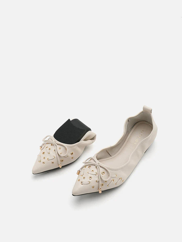 PAZZION, Cora Eyelet Decor Foldable Point-Toe Bow Flats, Beige