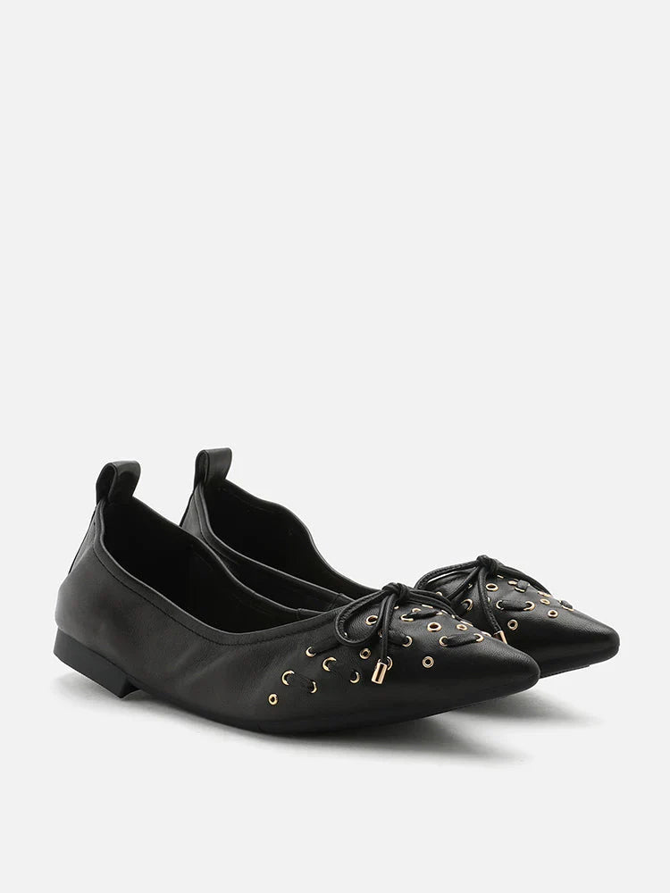 PAZZION, Cora Eyelet Decor Foldable Point-Toe Bow Flats, Black