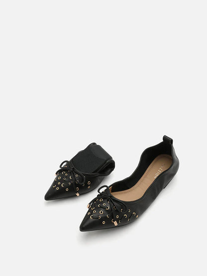 PAZZION, Cora Eyelet Decor Foldable Point-Toe Bow Flats, Black