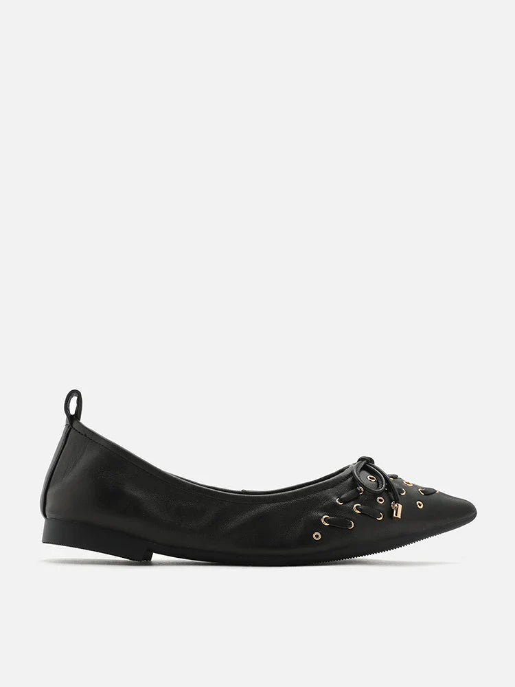 PAZZION, Cora Eyelet Decor Foldable Point-Toe Bow Flats, Black