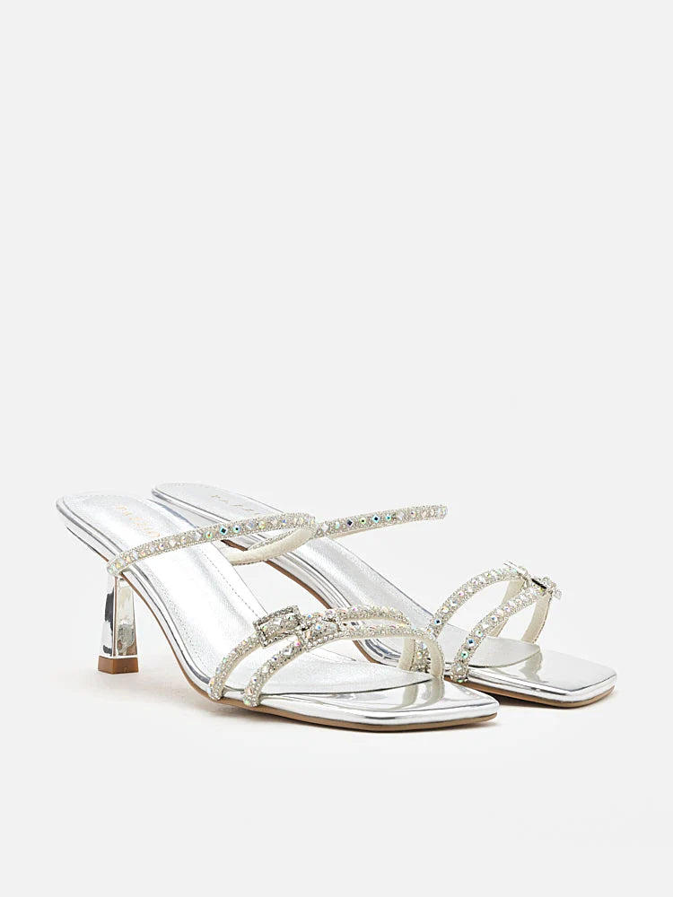 PAZZION, Daira Embellished Buckle Strappy Heels, Silver