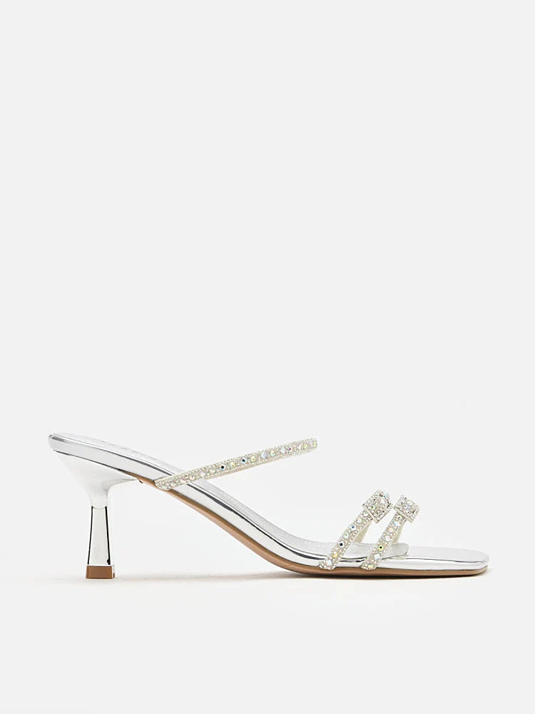 PAZZION, Daira Embellished Buckle Strappy Heels, Silver