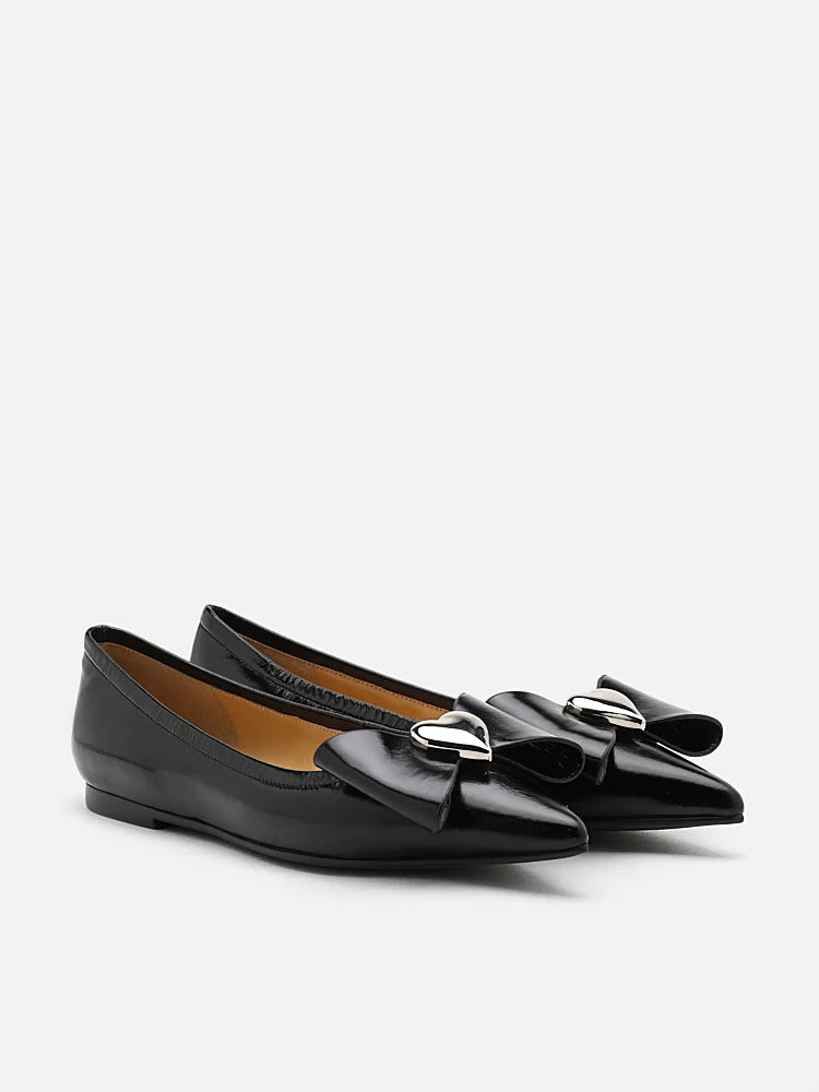 PAZZION, Daisy Hearts and Bow Pointed Toe Metallic Flats, Black