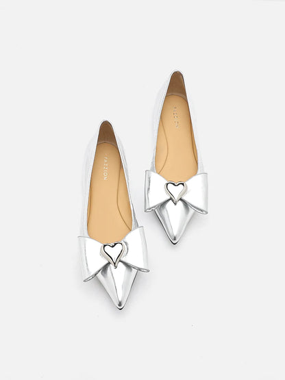 PAZZION, Daisy Hearts and Bow Pointed Toe Metallic Flats, Silver