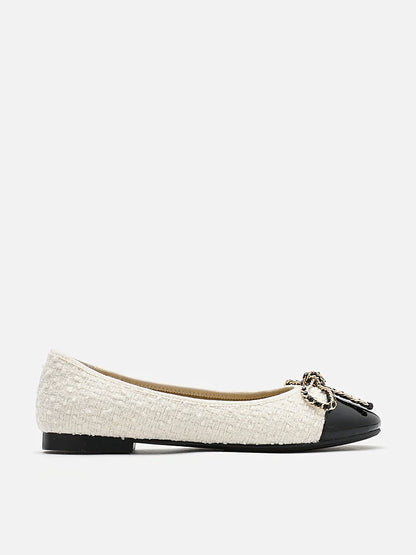 PAZZION, Daisy Tweed Toe Cap Bow Flats, Beige