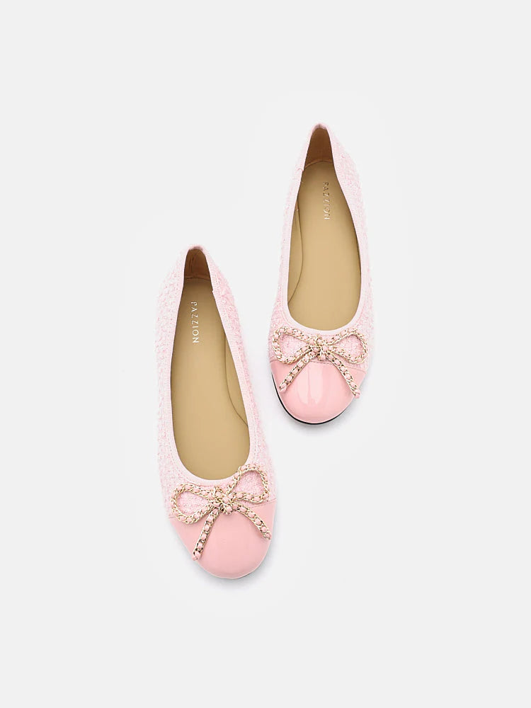 PAZZION, Daisy Tweed Toe Cap Bow Flats, Pink