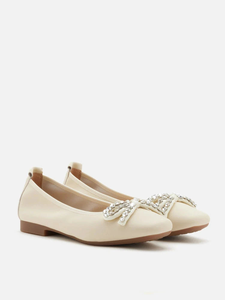 PAZZION, Daphne Diamante Embellished Bow Flats, Beige