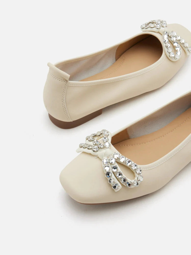 PAZZION, Daphne Diamante Embellished Bow Flats, Beige