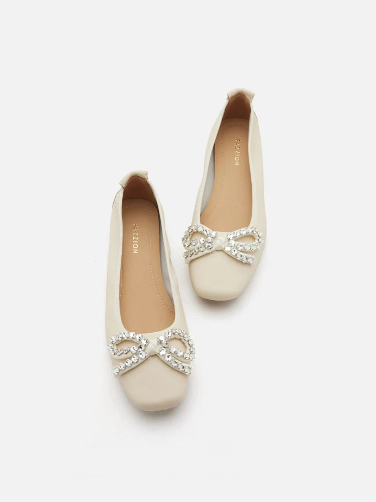 PAZZION, Daphne Diamante Embellished Bow Flats, Beige