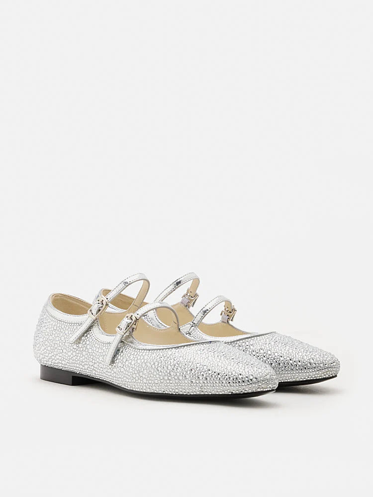 PAZZION, Demi Double Strapped Embellished Mary Janes, Silver