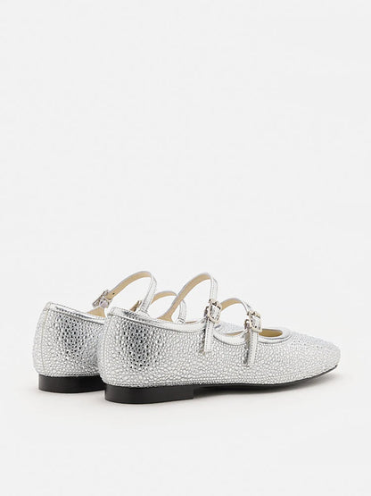 PAZZION, Demi Double Strapped Embellished Mary Janes, Silver