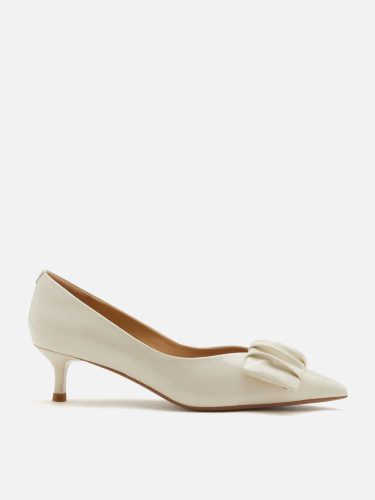PAZZION, Demna Ruched Pointed Toe Kitten Heels, Beige