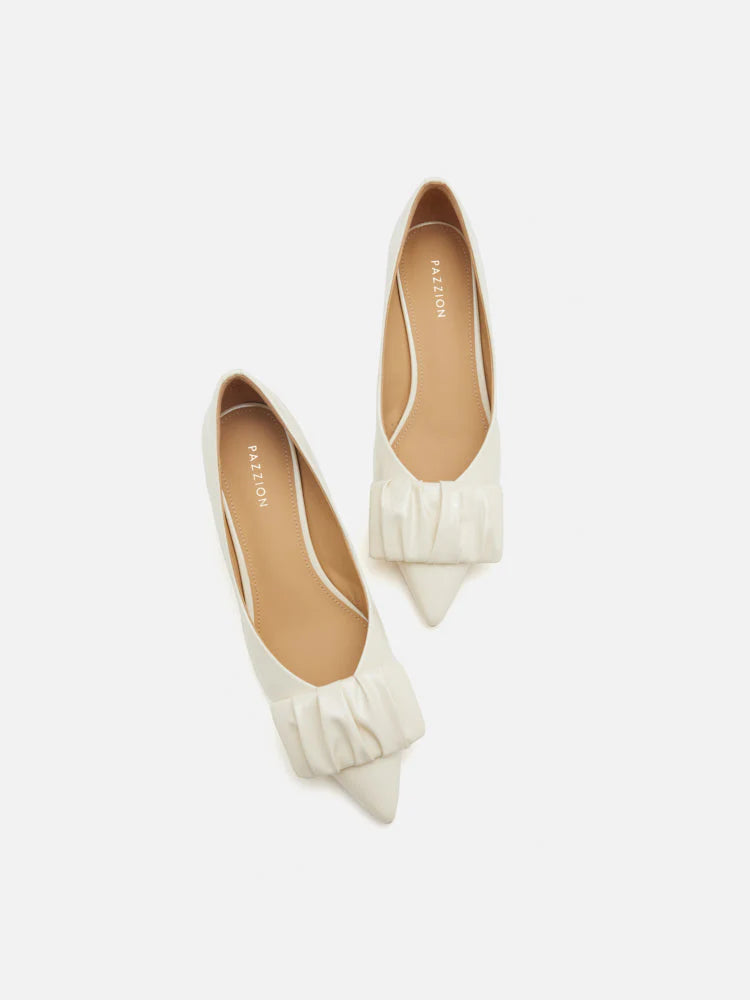 PAZZION, Demna Ruched Pointed Toe Kitten Heels, Beige
