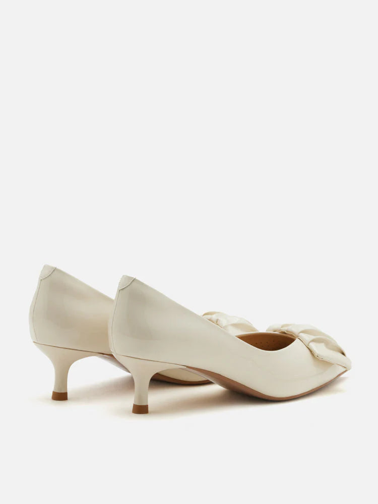 PAZZION, Demna Ruched Pointed Toe Kitten Heels, Beige