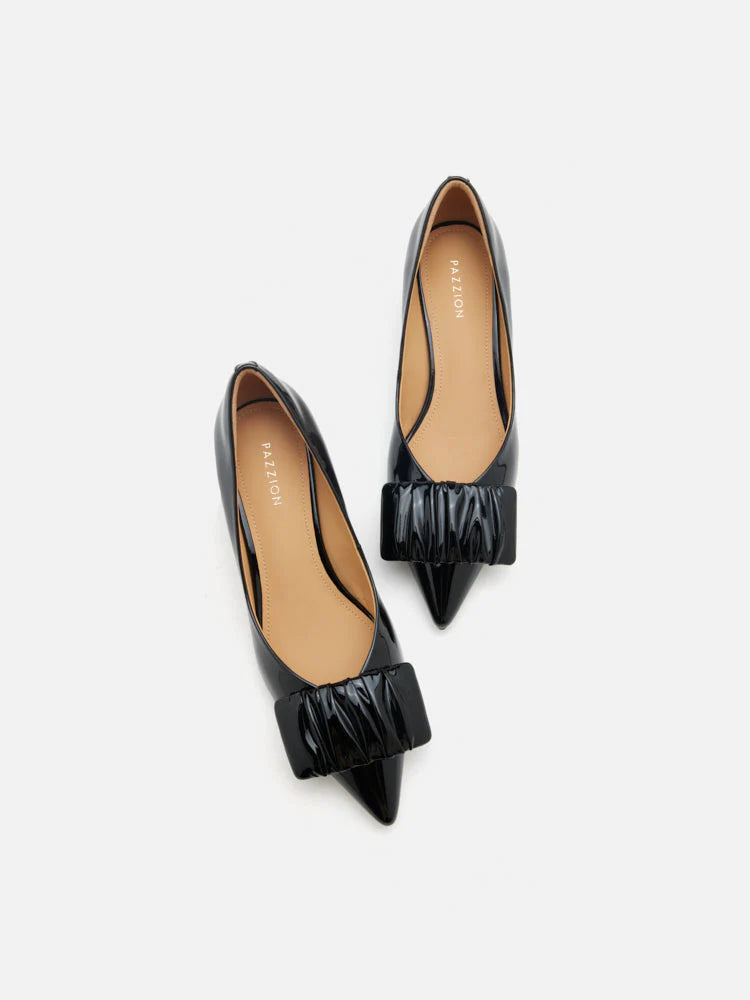 PAZZION, Demna Ruched Pointed Toe Kitten Heels, Black